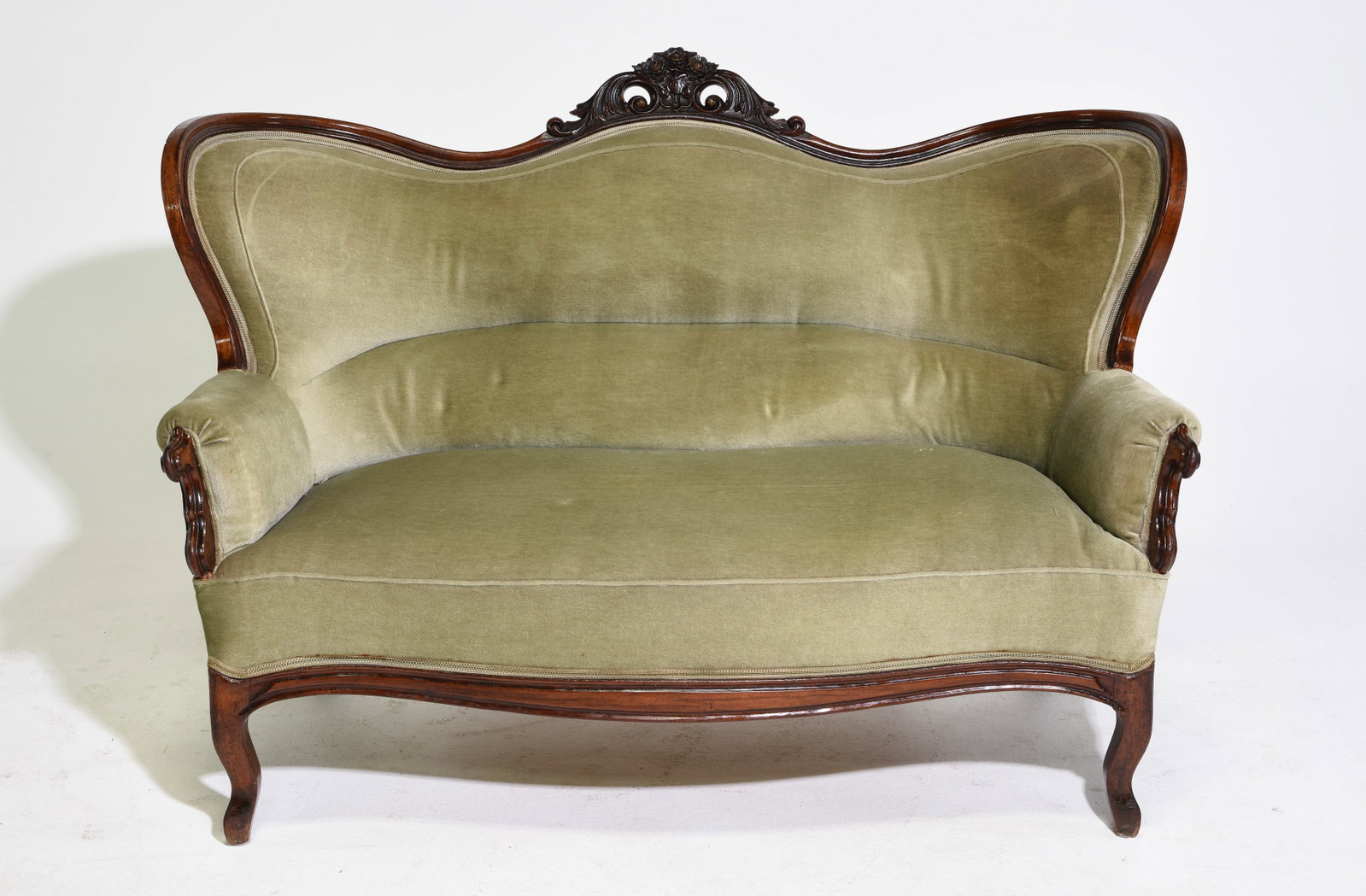 Victorian Style Green Mohair Velvet Sofa: Victorian Style Green Mohair Velvet Sofa - 44 in tall x 60 x 32 with a seat height of 17.5 inches