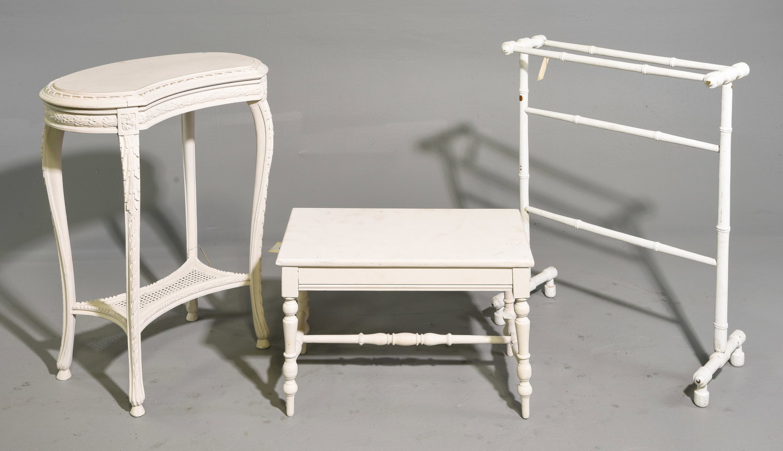 3pcs - Two Painted Tables & One Towel Rack: 3pcs - Two Painted Tables & One Towel Rack - Coffee table is 15 in tall x 22.5 x 13.5, Side table is 29.5 in tall x 23.5 x 15.5 and the towel rack is 30.25 in tall x 24.5 x 12