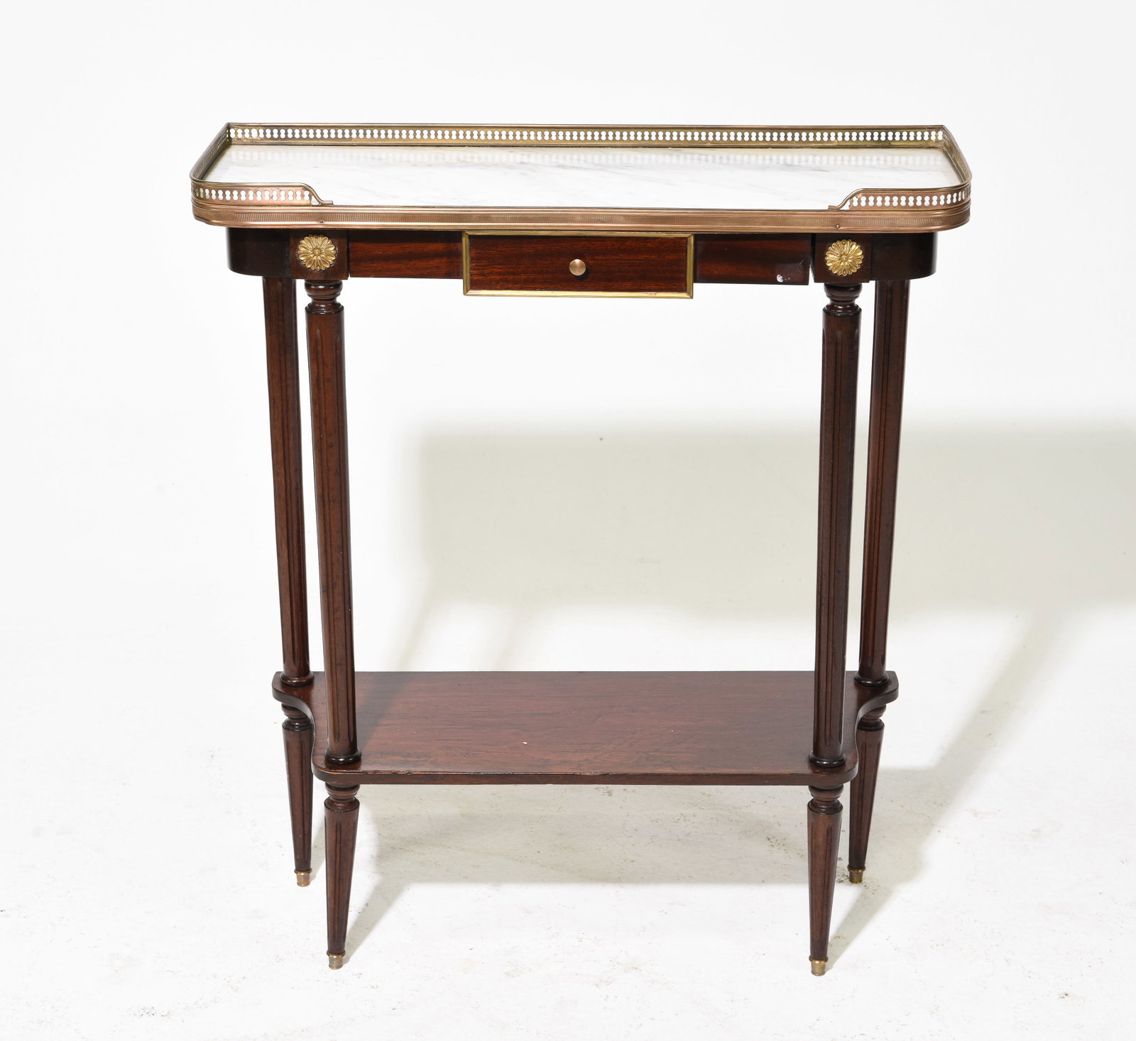 Louis XVI Style White Marble Top Hall Table: French Louis XVI Style White Marble Top Hall Table - 31 in tall x 27 x 9.75