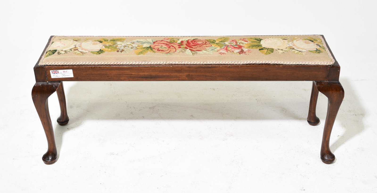 Queen Ann Mahogany Upholstered Stool: British Queen Ann Mahogany Upholstered Stool - 15.5 in tall x 42 x 12