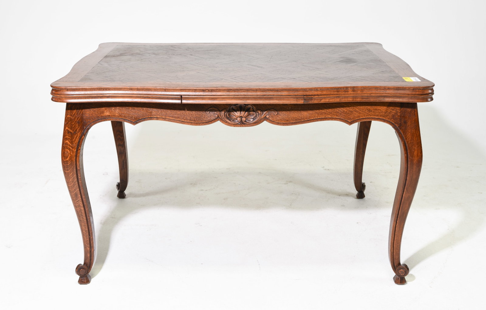 Louis XV Style Oak Draw Leaf Table: French Louis XV Style Oak Parquet Top Draw Leaf Table - 29.5 in tall x 51 x 39, Leaves add an additional 17 inches each, Floor to apron is 24 inches and the space between the legs is 43 inches