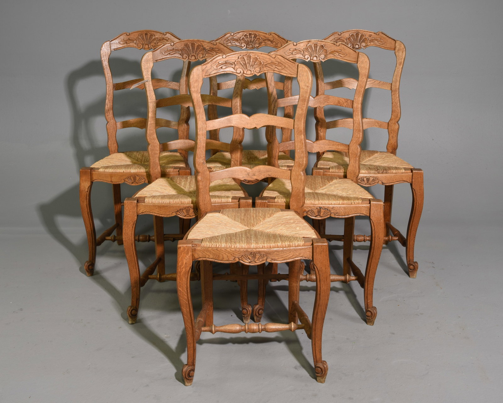 Louis XV Style Set of 6 Oak Rush Seat Chairs: French Louis XV Style Set of 6 Oak Rush Seat Chairs - 38.75 in tall x 18 x 17 each with a seat height of 18.5 inches