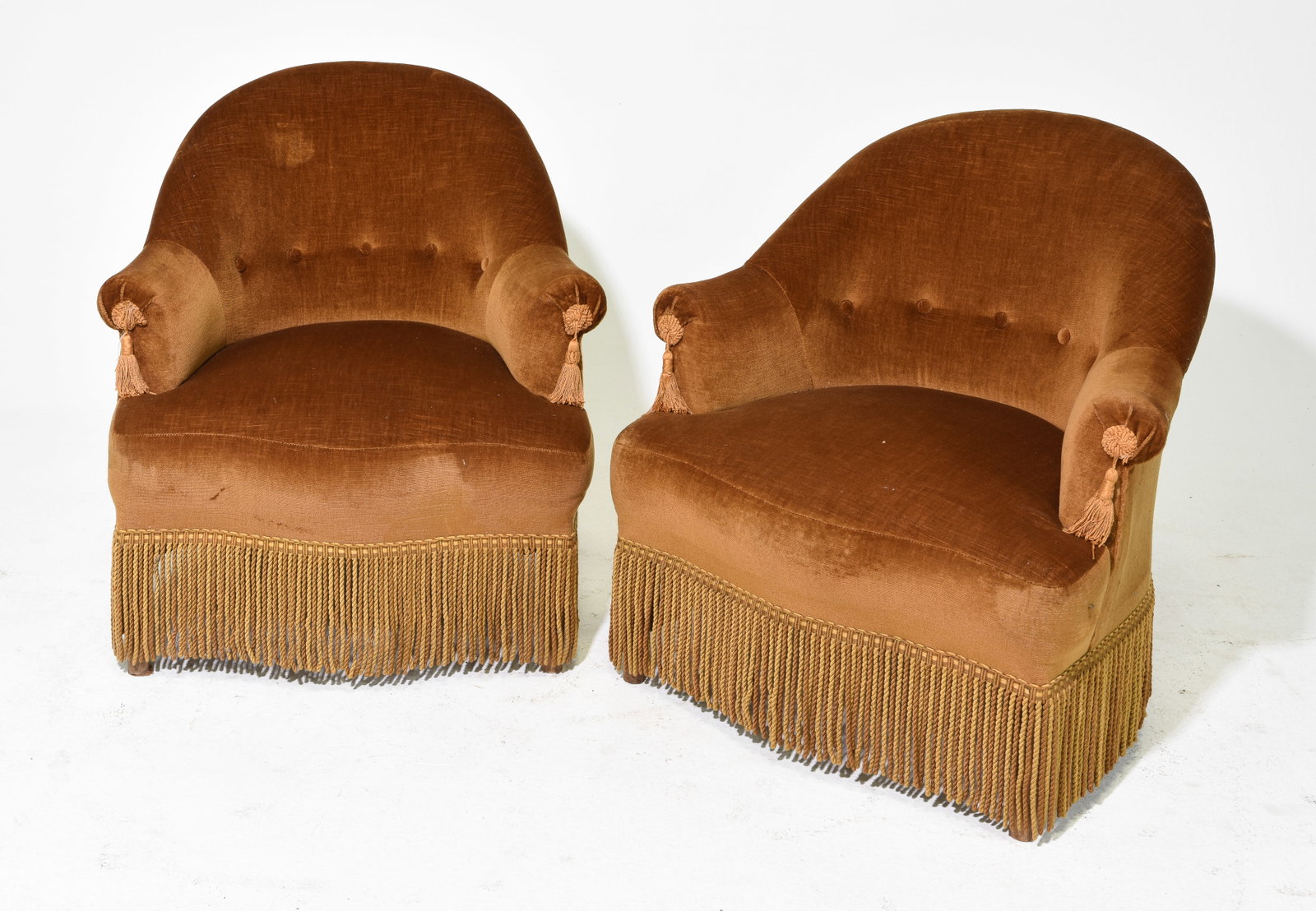 Napoleon III Style Pair of Crapeau Arm Chairs: French Napoleon III Style Pair of Crapeau Arm Chairs with Fringe Skirts - 28.5 in tall x 28 x 26 each with a seat height of 14.5 inches