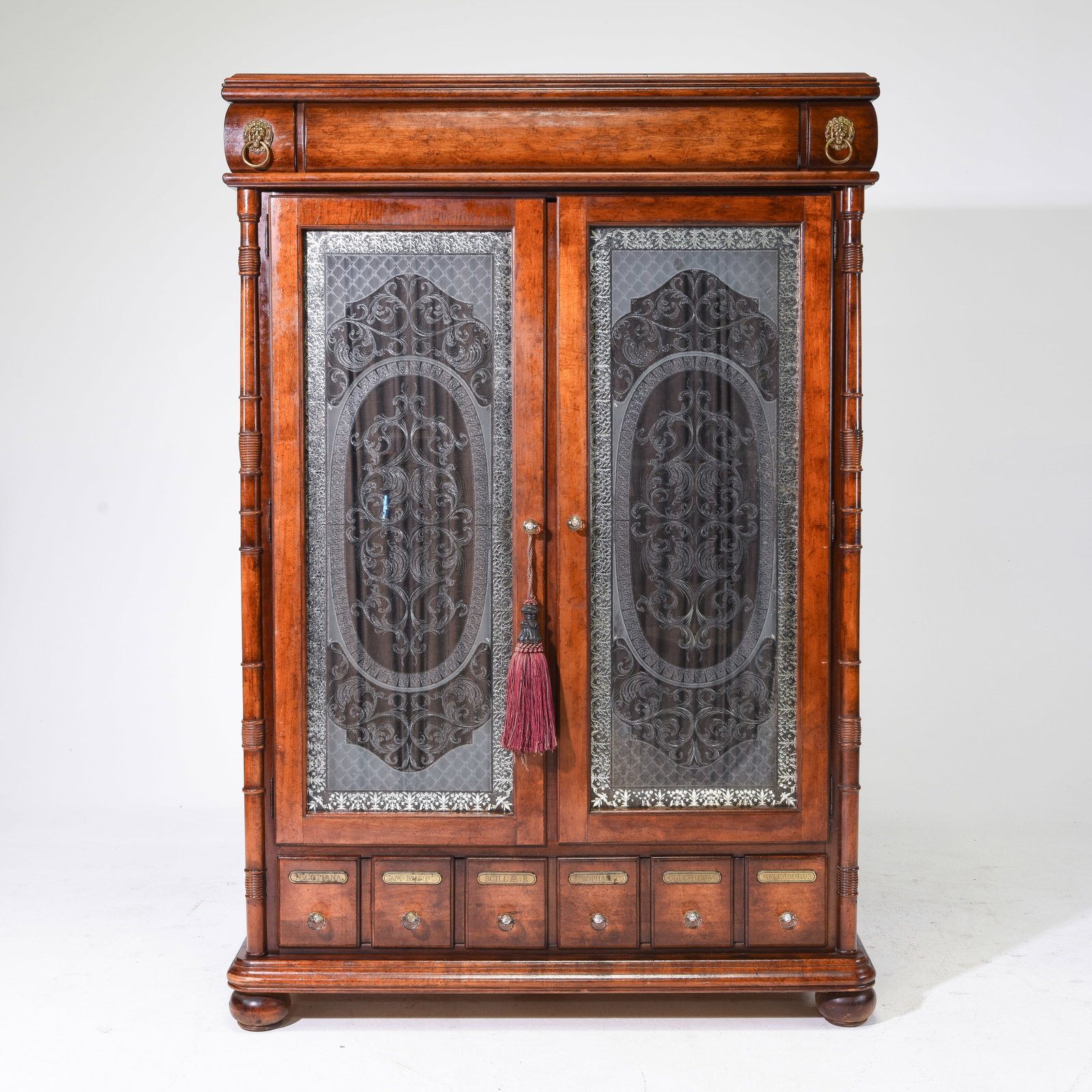 Pulaski Apothecary Style Cupboard with Etched Glass: Pulaski Furniture Apothecary Style Cupboard with Etched Glass featuring 6 lower drawers - This has been converted to an entertainment center - 70.5 in tall x 48 x 21.25