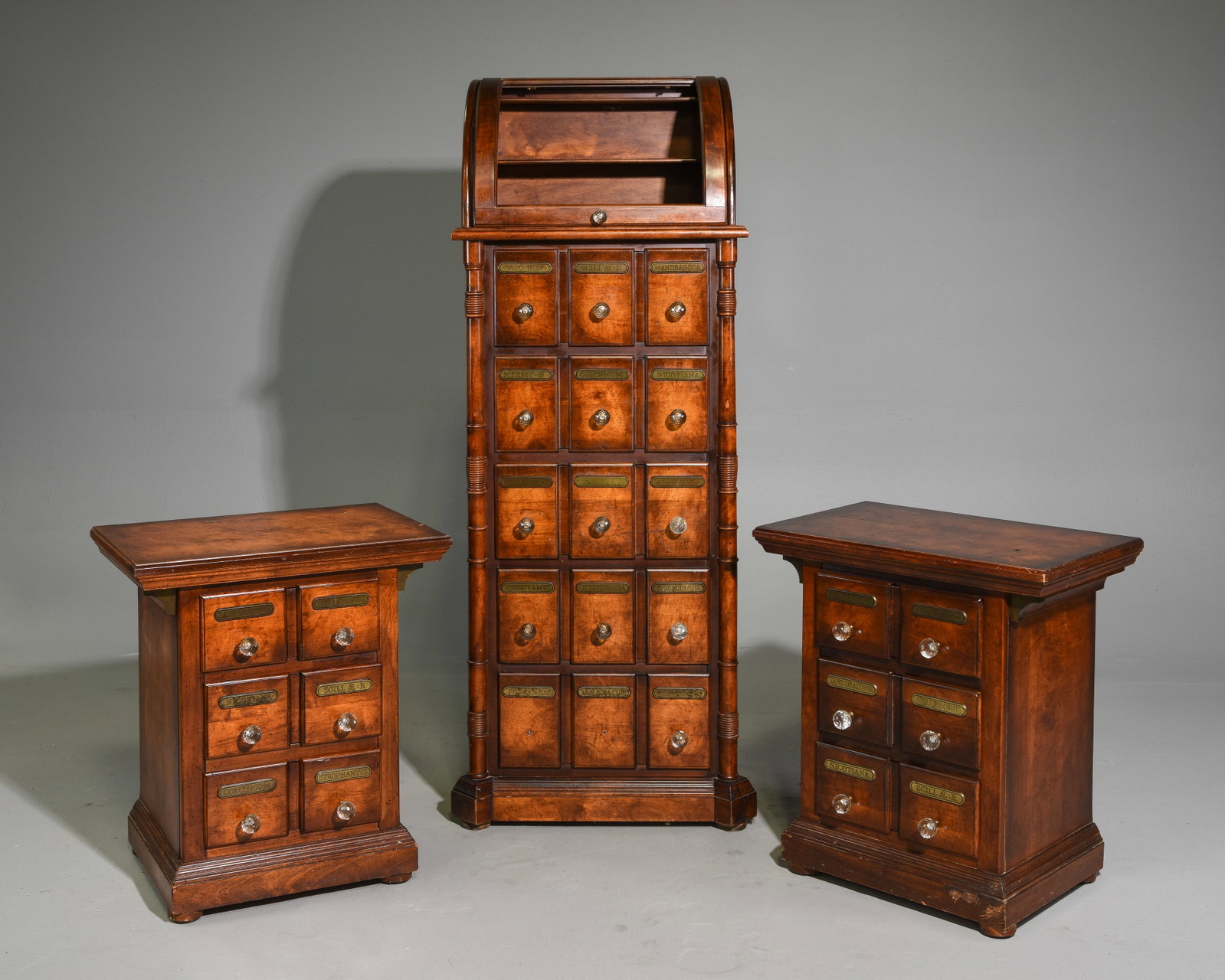 Pulaski Tall Apothecary Style Bank of Drawers & 2 Chests: Pulaski Furniture Tall Apothecary Style Bank of Drawers / Chest & 2 Nightstands / Chests - 63 in tall x 26 x 18.5 and the two chests are 26.5 in tall x 24 x 16 each