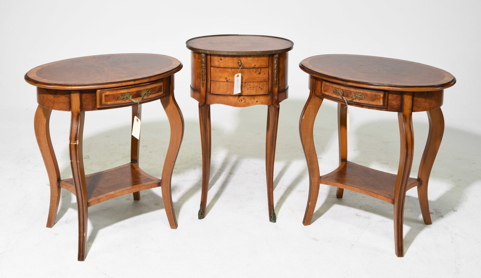 3pcs - Pair of Oval Side Tables & Nightstand: 3pcs - Pair of Oval Side Tables & Nightstand - 28.5 in tall x 17.75 x 13.5 and the two are 26.25 in tall x 24.25 x 18 each