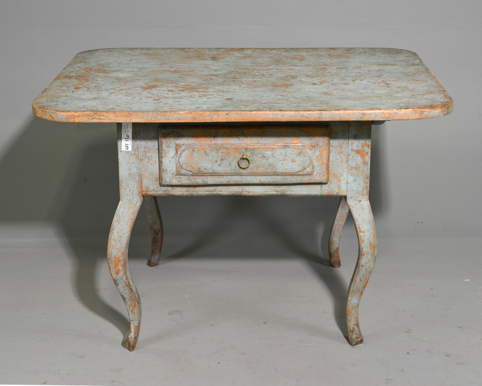 Swedish Blue Painted Rustic Table: Swedish Blue Painted Rustic Table with Cabriole Legs - 28.25 in tall x 42.25 x 32.25