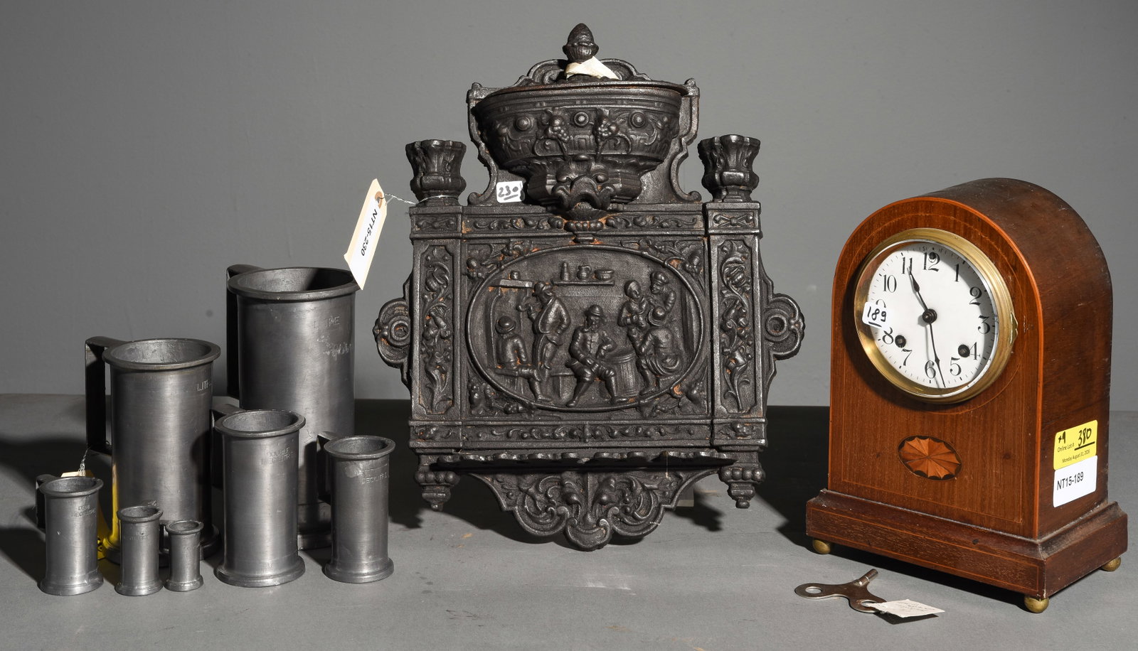 9pcs - French Cast Iron Pipe Holder, Clock, Etc.: 9pcs - French Cast Iron Pipe Holder, Clock, Etc. - 15 in tall x 13 x 2