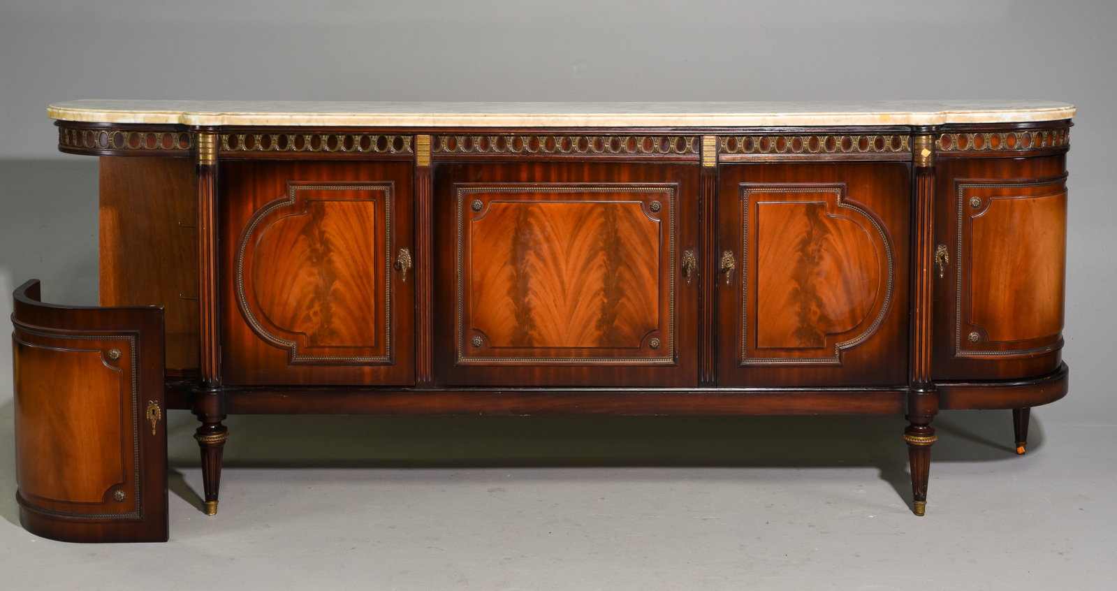 Louis XVI Style Mahogany Sideboard / Enfilade: French Louis XVI Style Mahogany Sideboard / Enfilade with White Marble - 39 in tall x 104.5 x 23 - This is a project piece and has a lot of wear