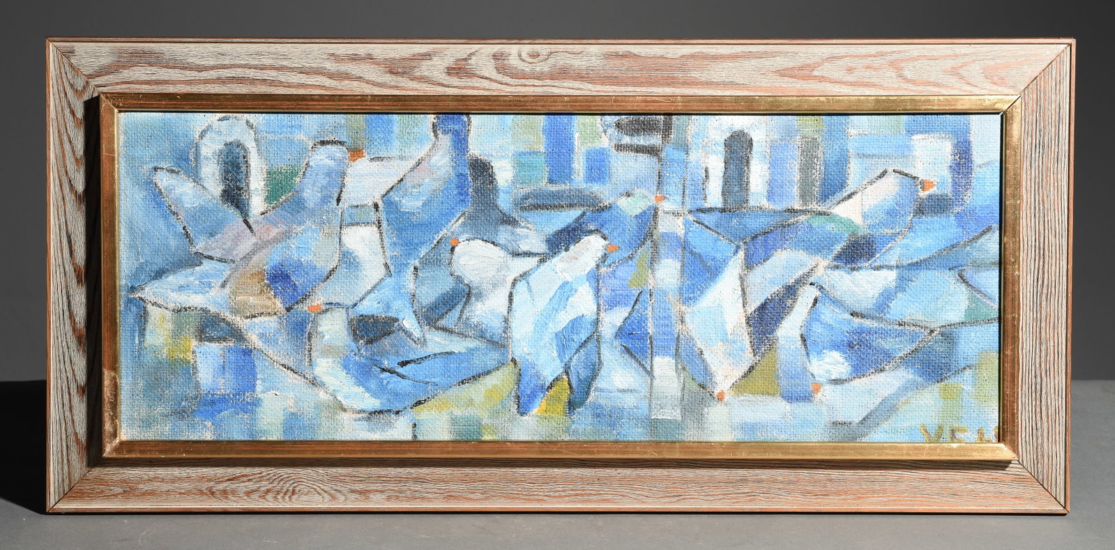 Mid Century Modern Framed Abstract Oil On Canvas: Danish Modern Style Framed Abstract Oil On Canvas - 14 in tall x 29.5 x 1.5, art itself is 10.5 in x 26.25
