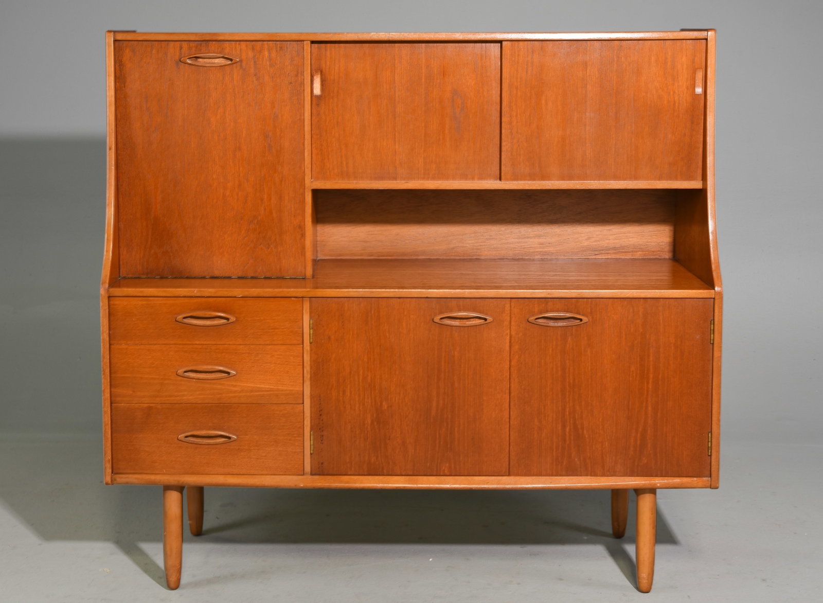 Mid Century Modern Cocktail Cabinet - Jentique: Danish Modern Style Teak Cocktail Cabinet / High board - Jentique - 50.5 in tall x 54 x 16