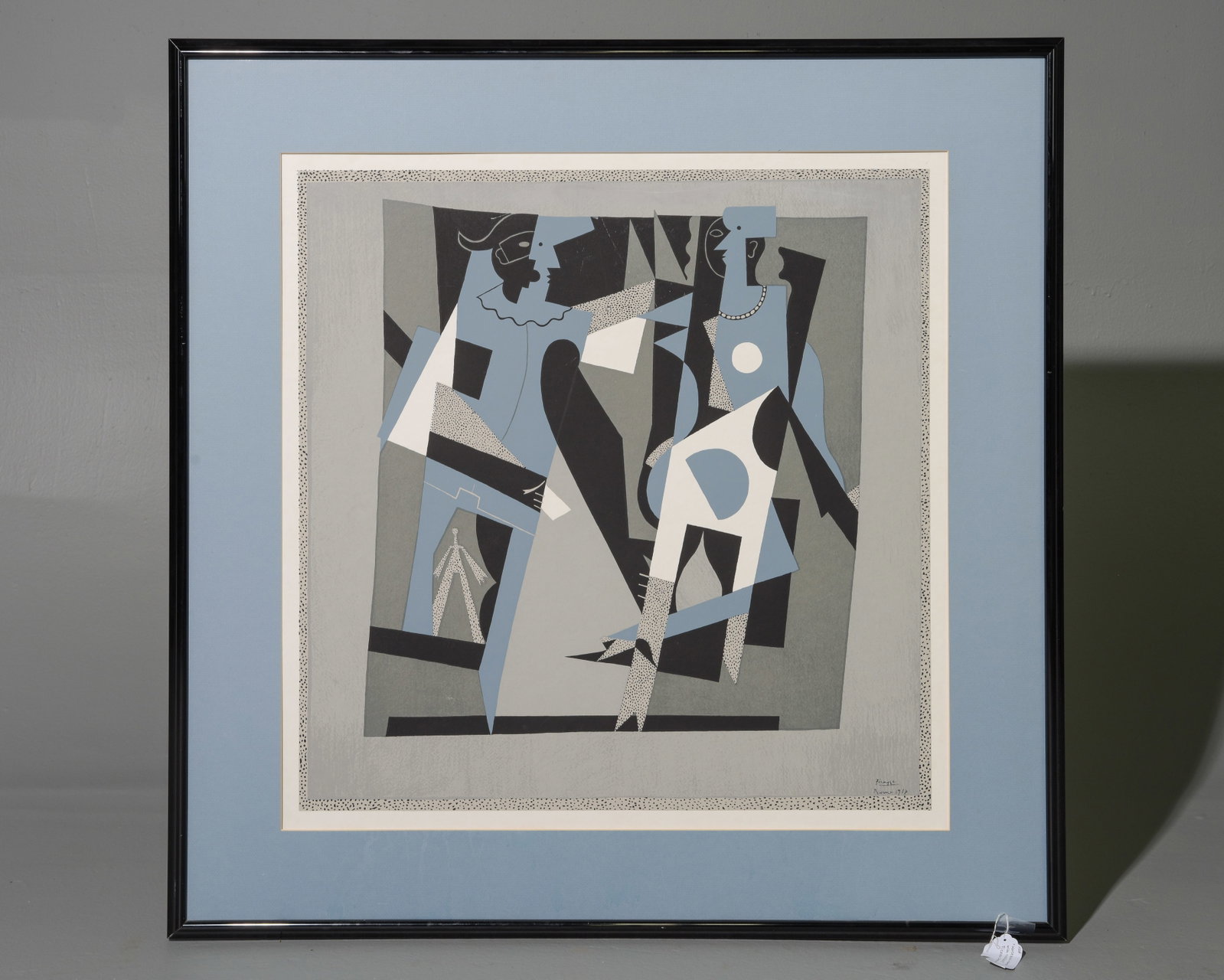 Pablo Picasso "Arlequin et Femme au Collier" Print: Pablo Picasso (Spanish, 1881-1973), "Arlequin et femme au collier" (Harlequin and Woman with a Necklace), after Picasso's 1917 composition created in Rome. Color print depicting a Harlequin and female