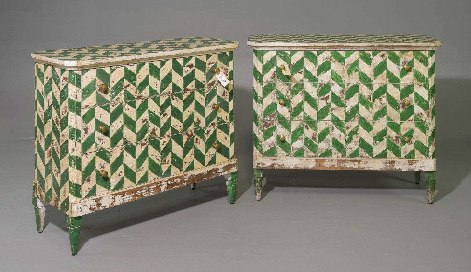 Pair Hand-Painted European Style Chests - Green: Pair of European style three-drawer chests featuring hand-painted geometric decoration in green and cream. The repeating dimensional pattern extends across the tops, fronts and sides, complemented by