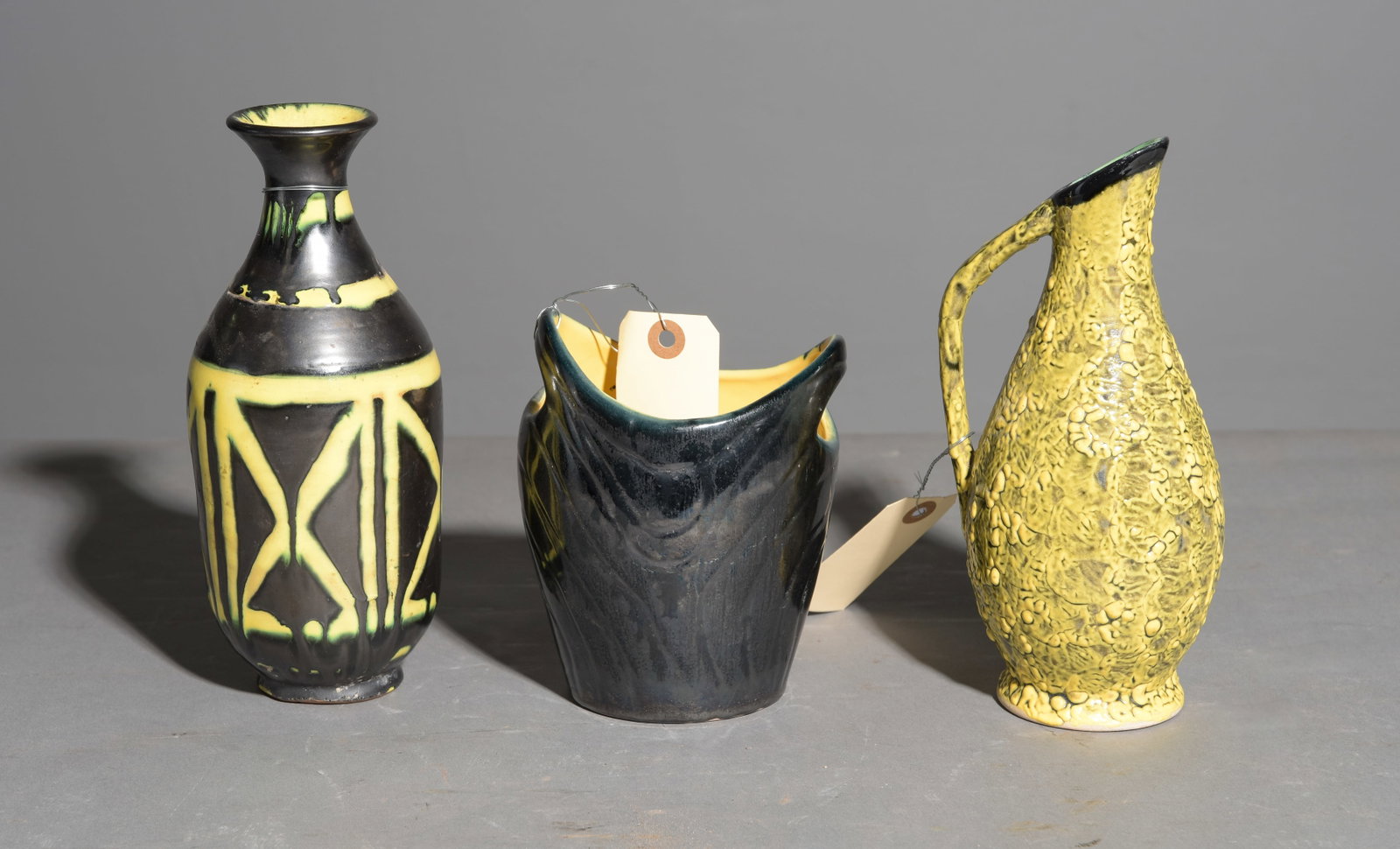3 Vintage Hungarian Pottery Vases - Livia Gorka: 3 Vintage Hungarian Pottery Vases designed by Livia Gorka - Livia Gorka is the daughter of celebrated potter Geza Gorka - This lot consists of a striking hand-painted abstract geometric motif vase in 