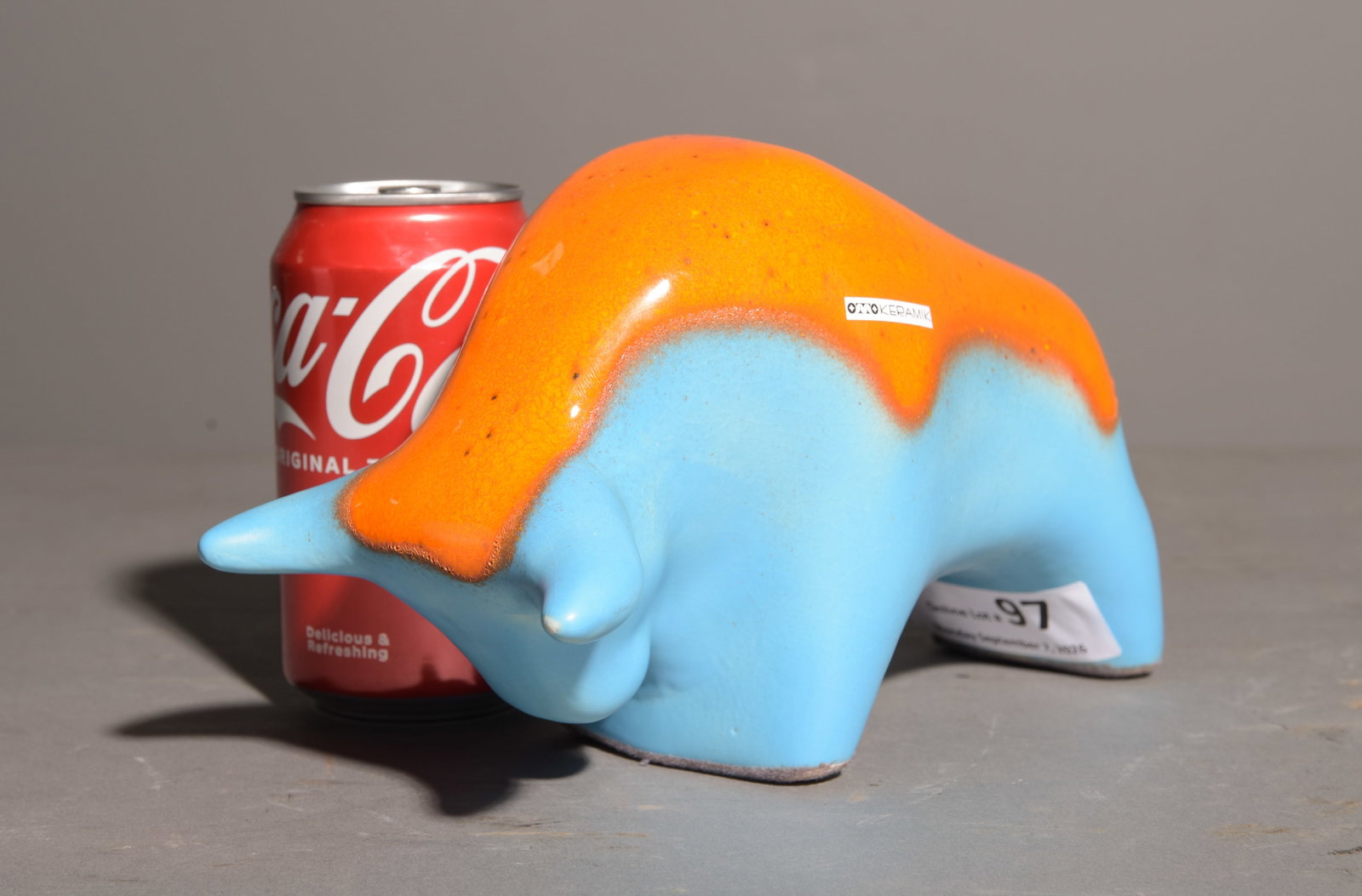 Otto Keramik Ceramic Bull #2: Otto Keramik Ceramic Bull - This features a bi-color gloss finish with a vibrant orange over a light baby blue base. These highly collectable German figures were originally designed in 1964 by the fam