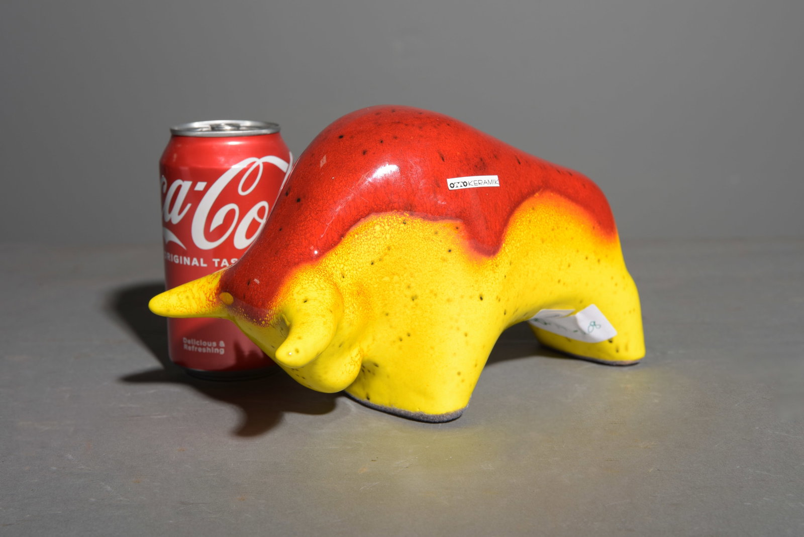 Otto Keramik Ceramic Bull #3: Otto Keramik Ceramic Bull - This features a bi-color gloss finish with a vibrant red over a speckle yellow base. These highly collectable German figures were originally designed in 1964 by the famous 