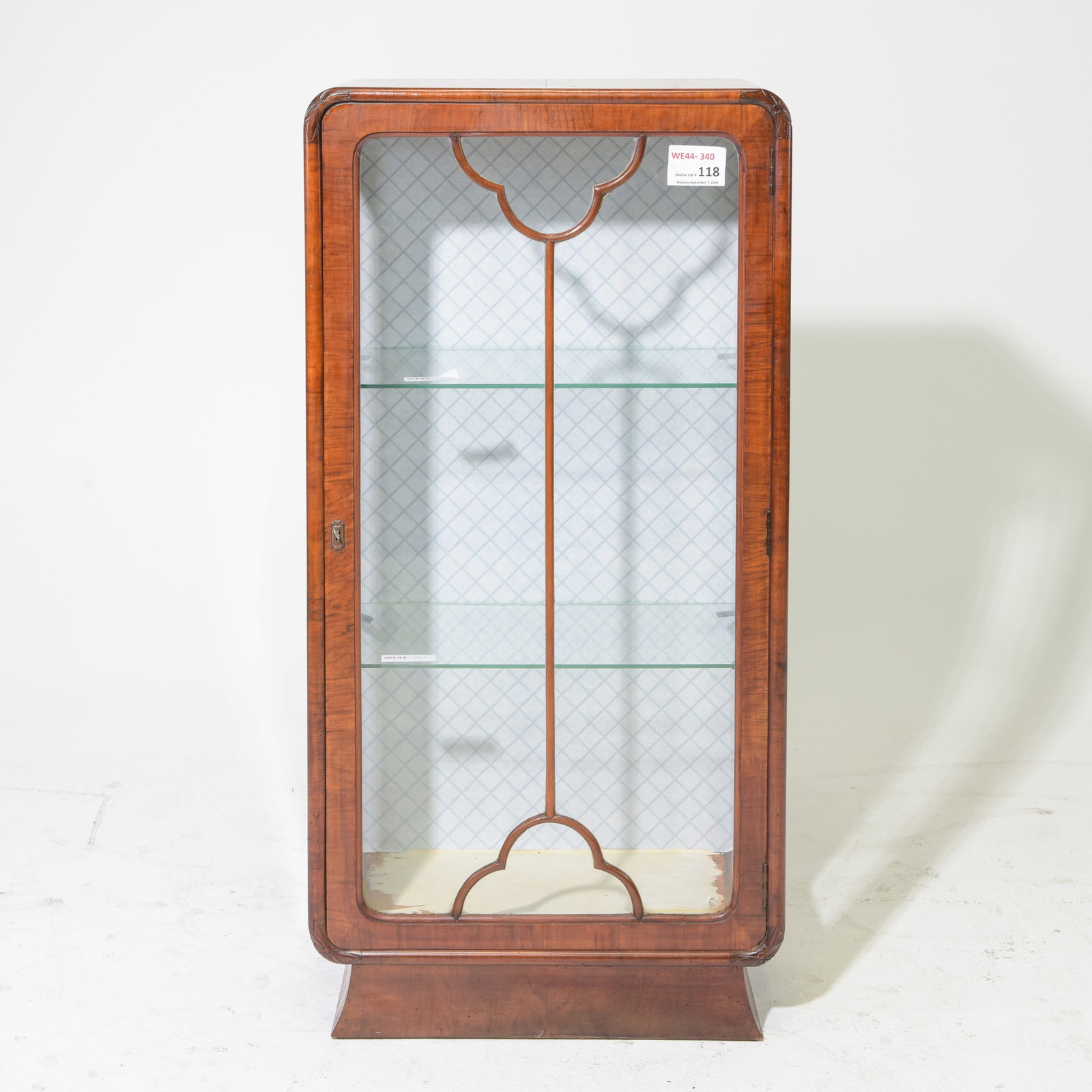Art Deco Walnut Single Door Vitrine Cabinet: Art Deco Walnut Single Door Vitrine Cabinet featuring a compact, freestanding structure made with rich walnut veneers and rounded streamlined upper edges which are classic to the Art Deco period. - 44
