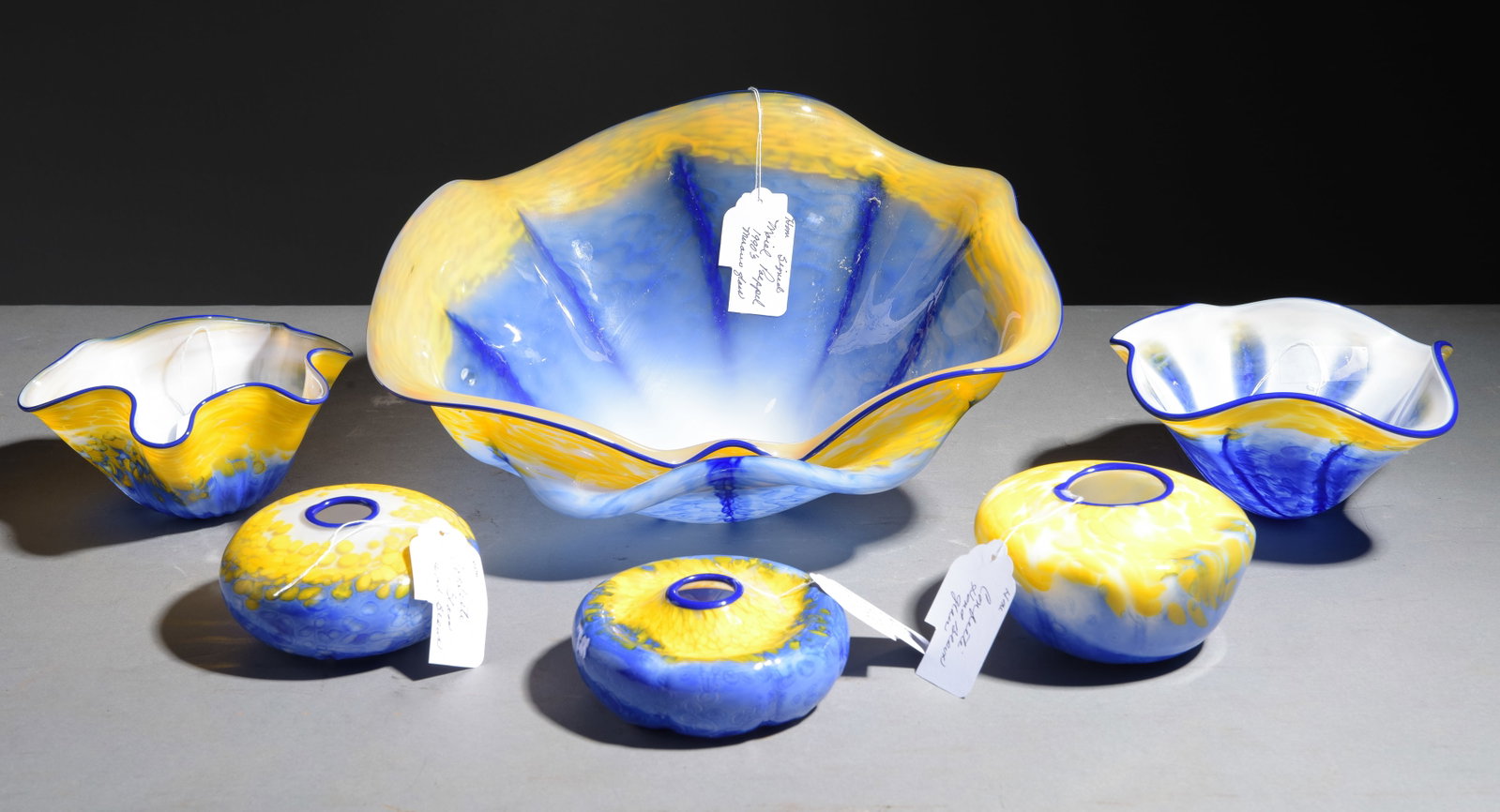 6pcs Hand Blown Murano Art Glass Vases, Etc.: 6pcs Hand Blown Murano Art Glass Vases, Etc. - The largest ruffled art glass centerpiece / bowl is 7.25 in tall x 13.5 x 11