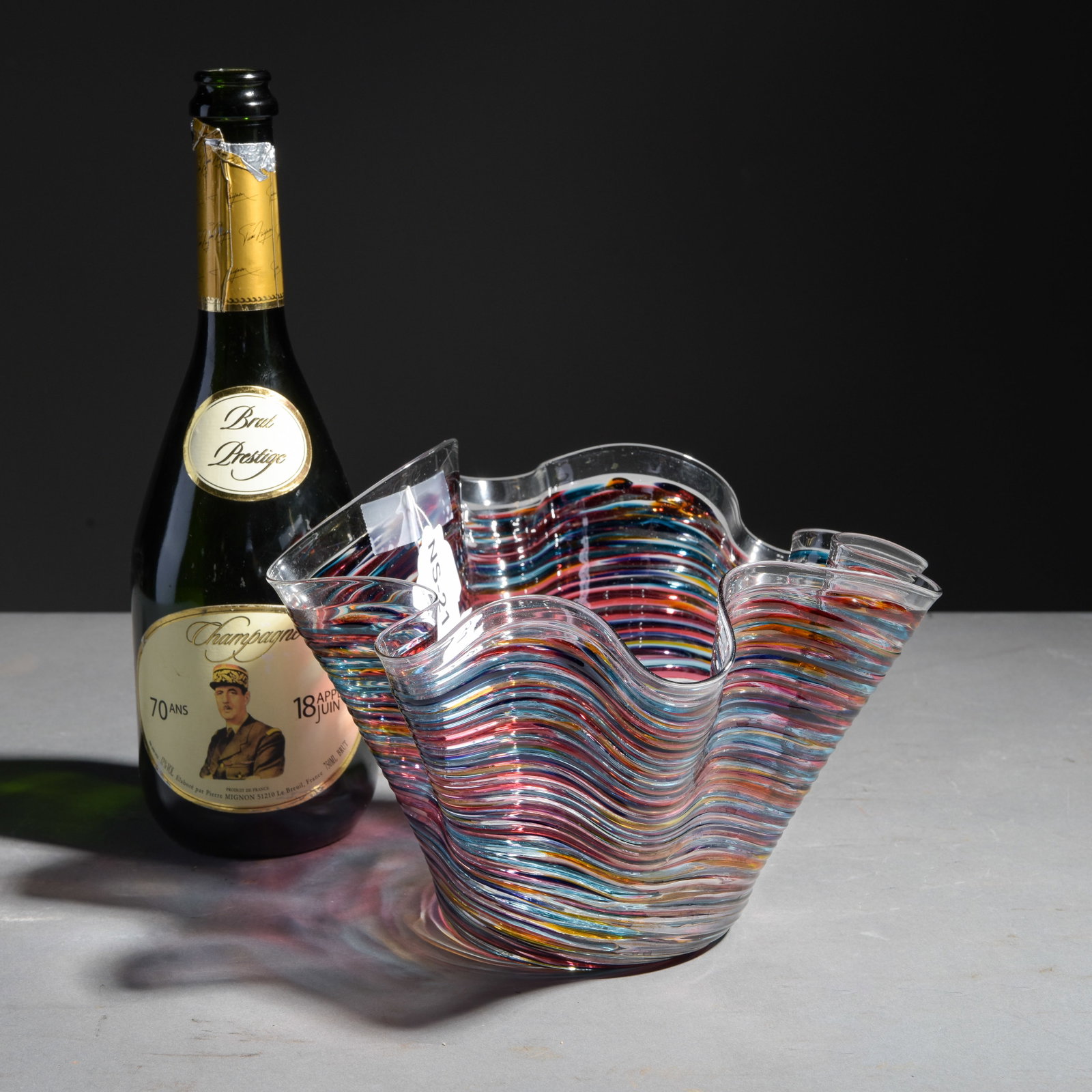 Murano Handcrafted Rippled "Fusion Sea" Centerpiece: Murano Handcrafted Rippled "Fusion Sea" Centerpiece / Bowl featuring a wave design with vibrant horizontal filaments - 6.75 in tall x 9.25 x 9.5