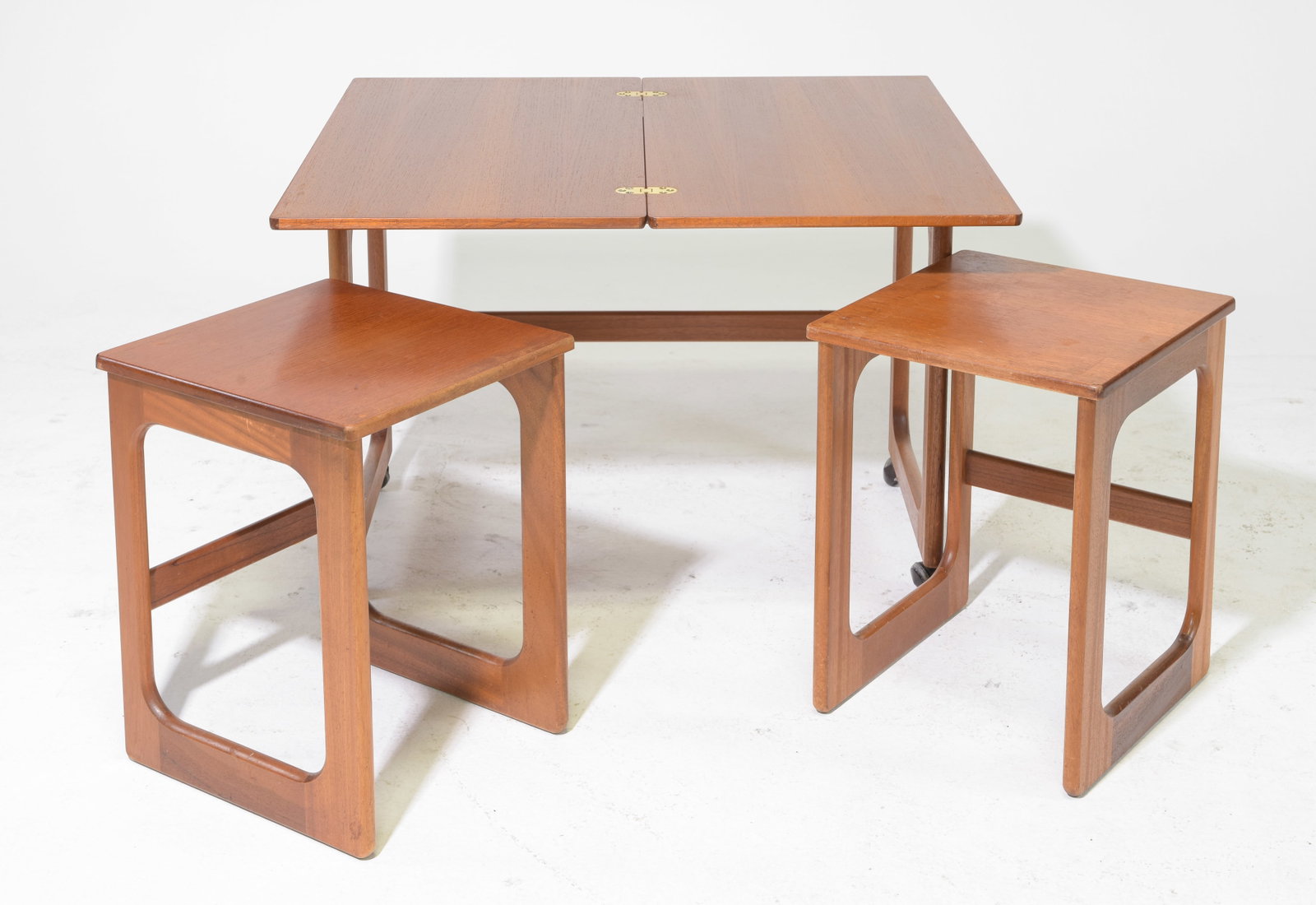 Mid Century Triform Flip Top Nest by McIntosh: Danish Modern Style Teak Triform Flip Top Nest by McIntosh - 23.5 in tall x 29 x 16, small ones are 19 in tall x 13 x 14