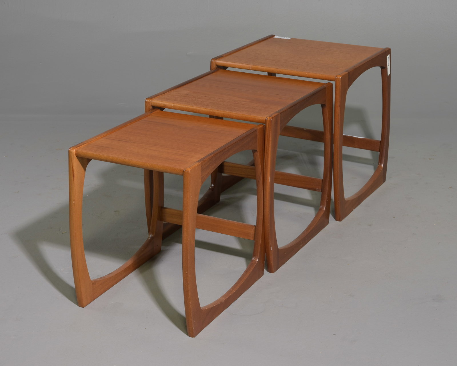 Mid Century Modern Nest of 3 Tables: Danish Modern Style Nest of 3 Tables - 19.5 in tall x 19.25 x 18.5, 18.5 in tall x 17 x 17.5 and 17.5 in tall x 14.75 x 16.75