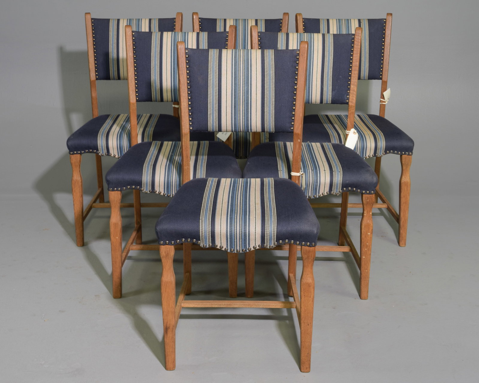 Danish Oak Set of 6 Dining Chairs: Danish Oak Set of 6 Dining Chairs - 36.25 in tall x 19 x 19 each with a seat height of 18 inches - Similar in style to / possibly by : S. Thrane & Son / Henning Kjaernulf / Guillerme & Chambron