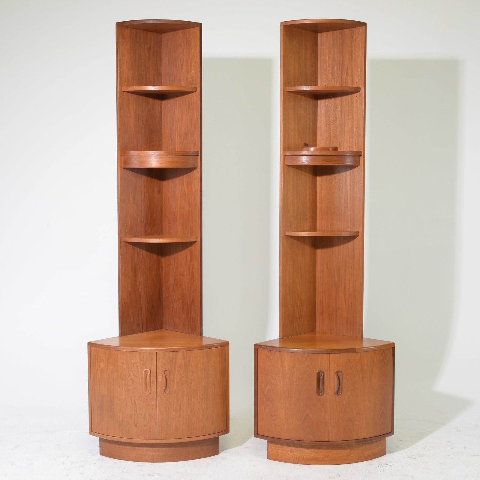 2 Mid Century Modern Corner Cabinets - Gplan: 2 Danish Modern Style Corner Cabinets by British Furniture Maker Gplan - 78 in tall x 26 x 18 each - These will break down for easier transport