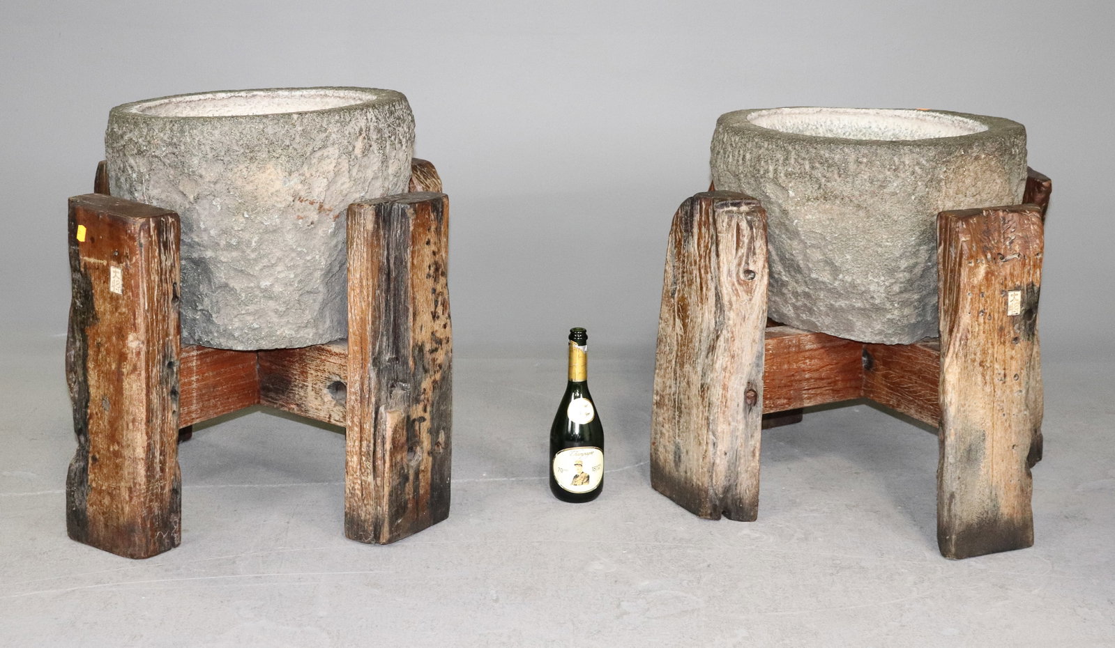 2 Large French Stone Planters / Censors: 2 Large French Stone Mortal Vessel / Planters / Censors with Wood Stands - 25 in tall x 29 x 28