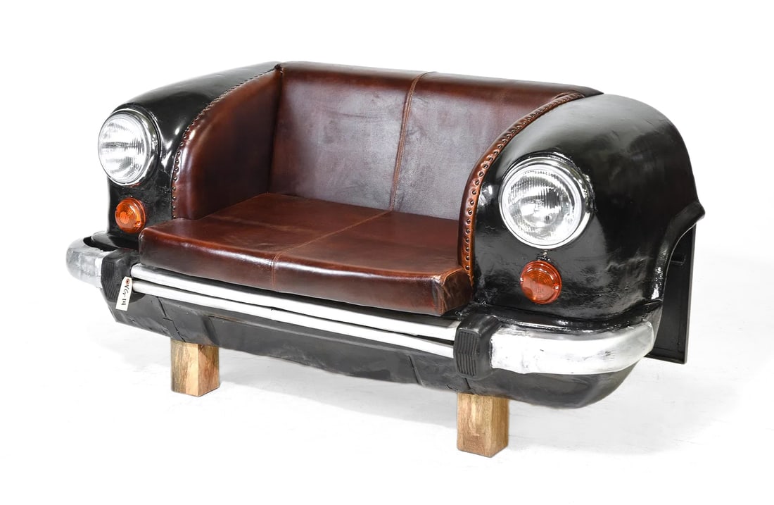 Black "Classic Car" Back Metal & Leather Bench (1 of 3)