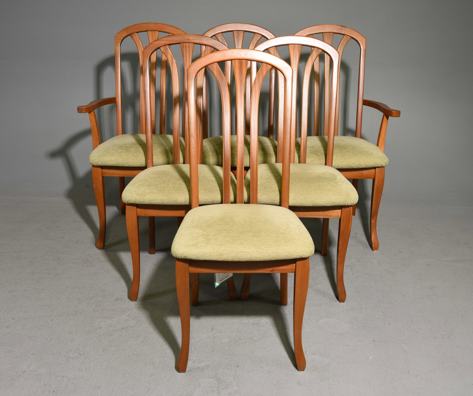 Mid Century Modern Set of 6 Dining Chairs: Danish Modern Style Set of 6 Dining Chairs - Arm chairs are 38 in tall x 21.5 x 23 each with a seat height of 19 inches and Side chairs are 38 in tall x 18 x 23 each with a seat height 19 inches