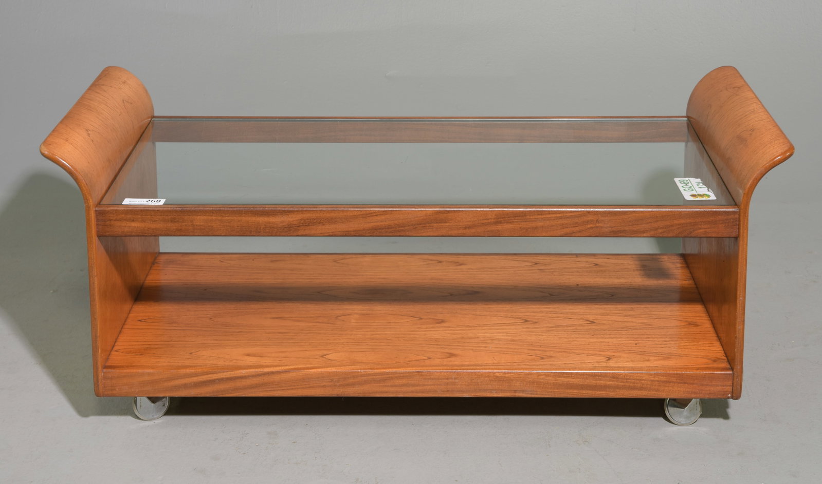 Mid Century Modern "Tulip" Coffee Table - Gplan: Danish Modern Style Glass Top Rolling "Tulip" Coffee Table by British Furniture Maker G-Plan - 20 in tall x 48 x 20, Height to the top of the glass is 16 inches