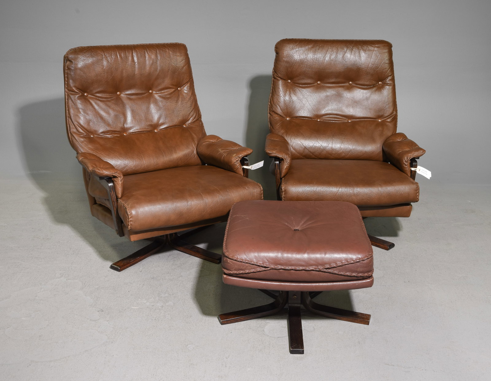Danish Modern Pair of Brown Leather Chairs & Foot Stool (1 of 5)