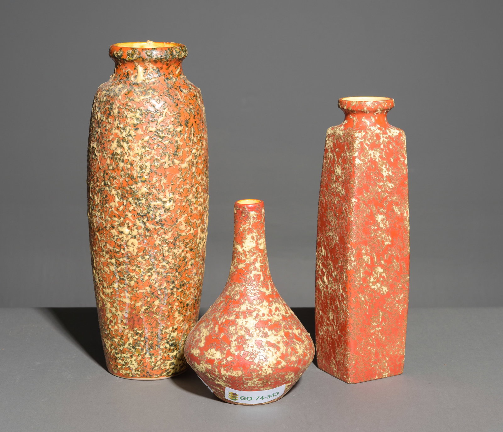 3 Hungarian Tofej Ceramic Vases: 3 Hungarian Tofej Ceramic Vases featuring a distinctive textured, coarse "Lava" finish - Tallest is 15 in tall x 5.5 inch diameter