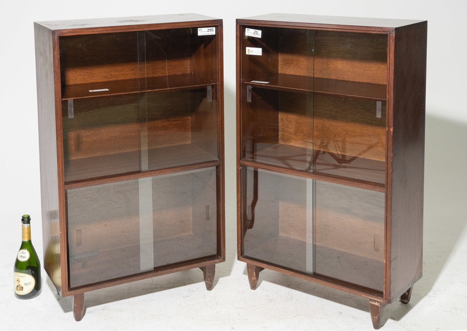2 Mid Century Modern Sliding Glass Door Cabinets: 2 Danish Modern Style Sliding Glass Door Bookcases / Cabinets - 39.5 in tall x 24 x 10.5 each