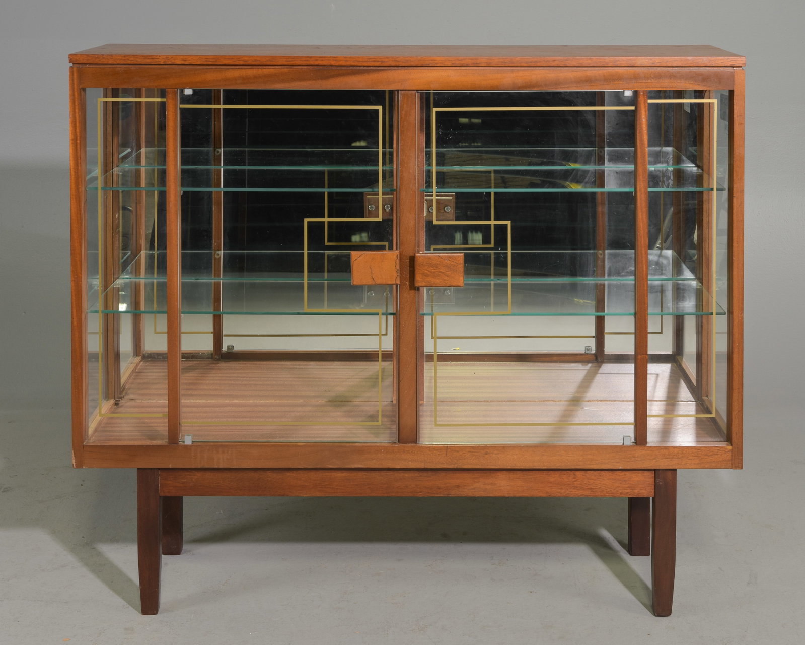 Mid Century Modern Curio / Display Cabinet: Danish Modern Style Mirror Back Cocktail Cabinet / Showcase - 41 in tall x 47.75 x 12