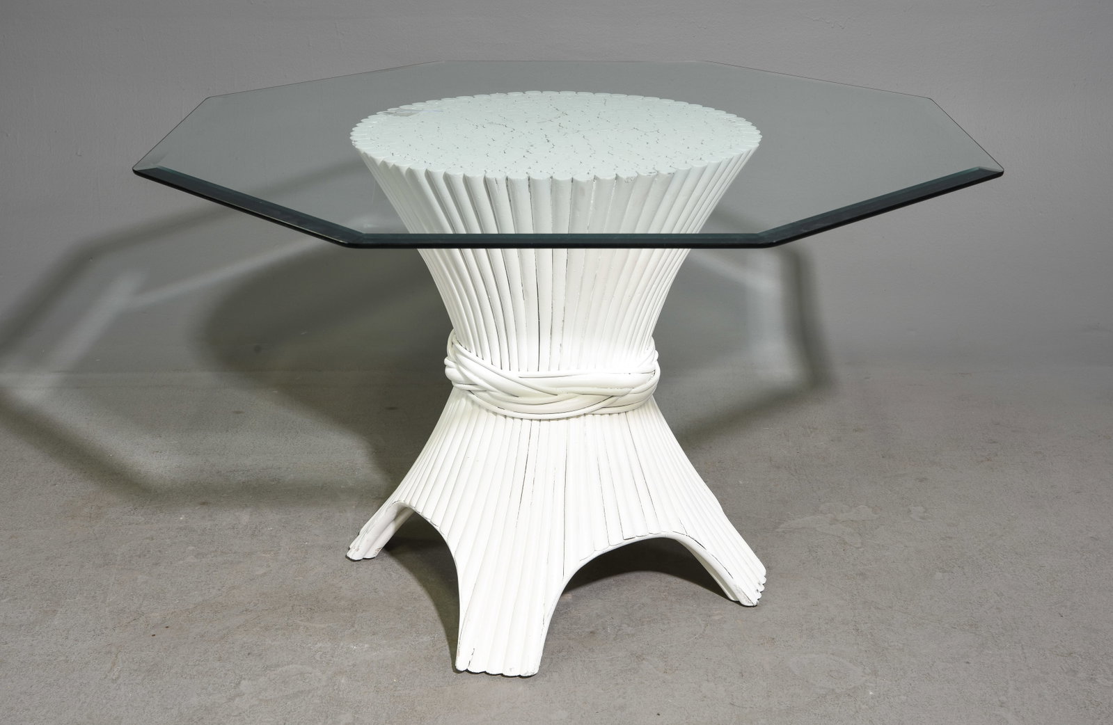 Boho Chic McGuire Style Rattan Sheaf of Wheat Table: Boho Chic McGuire Style Rattan Sheaf of Wheat Glass Top Table - 29.5 in tall x 46 x 46