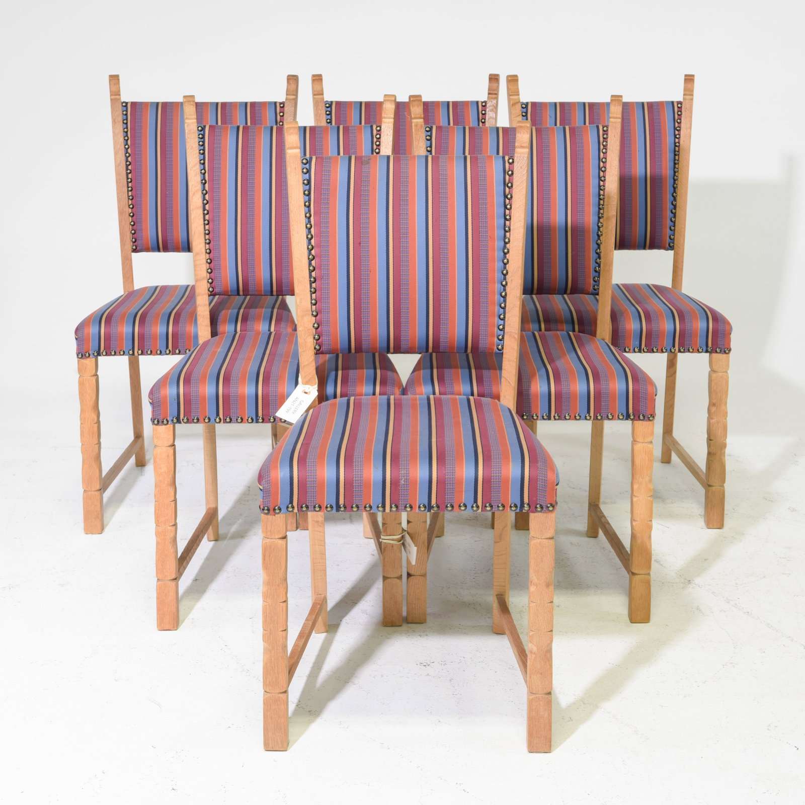 Danish Oak Set of 6 Striped Upholstered Chairs: Danish Oak Set of 6 Striped Upholstered Chairs - 36.5 in tall x 18 x 20 each with a seat height of 18 inches - Similar in style to / possibly by : S. Thrane & Son / Henning Kjaernulf / Guillerme &