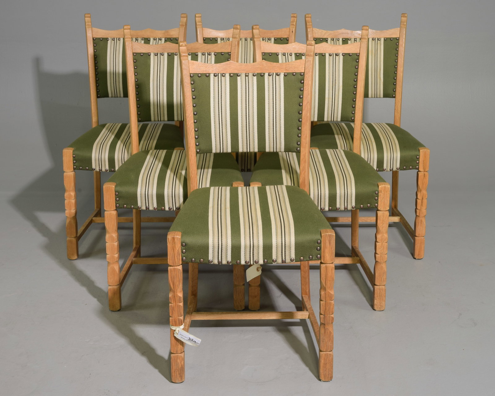 Danish Oak Set of 6 Green Upholstered Chairs: Danish Oak Set of 6 Green Upholstered Chairs - 37 in tall x 18.5 x 18.5 each with a seat height of 18 inches - Similar in style to / possibly by : S. Thrane & Son / Henning Kjaernulf / Guillerme &