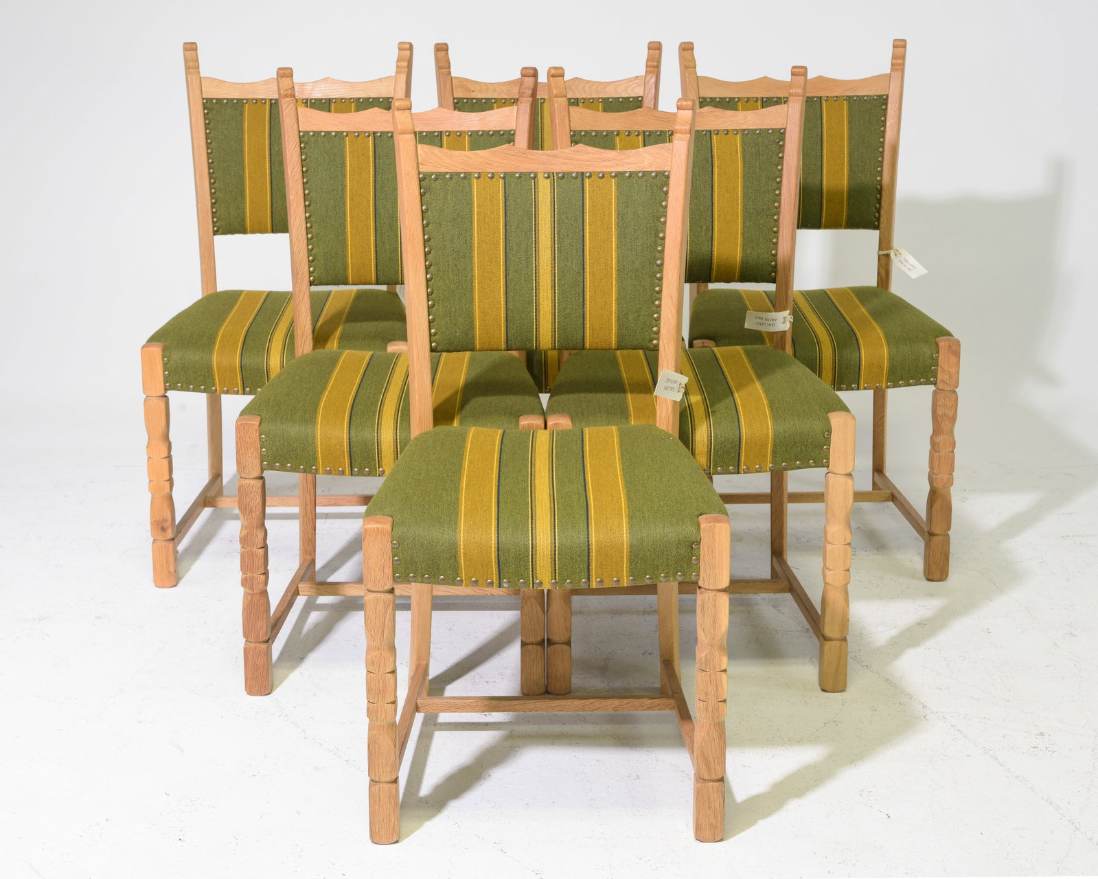 Danish Oak Set of 6 Green & Yellow Upholstered Chairs: Danish Oak Set of 6 Green & Yellow Upholstered Chairs - 36.5 in tall x 18.5 x 19 each with a seat height of 18 inches - Similar in style to / possibly by : S. Thrane & Son / Henning Kjaernulf /