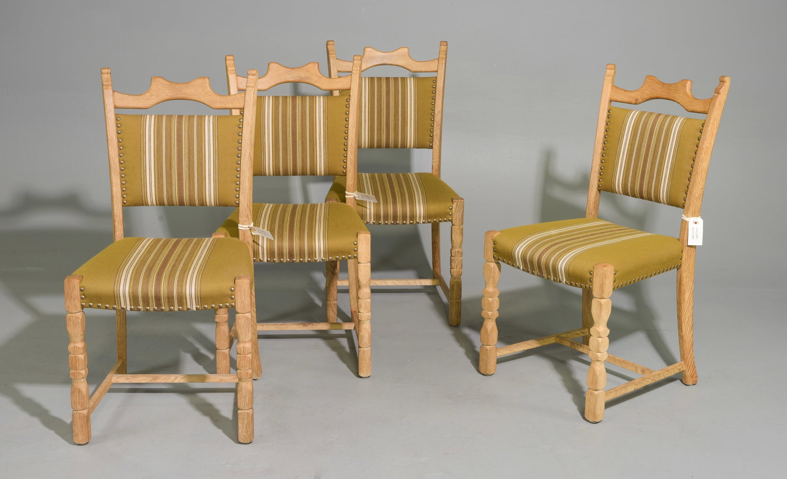 Danish Oak Set of 4 Dining Chairs: Danish Oak Set of 4 Dining Chairs - 37 in tall x 18.5 x 19 each with a seat height of 18.25 inches - Similar in style to / possibly by : S. Thrane & Son / Henning Kjaernulf / Guillerme & Chambron.