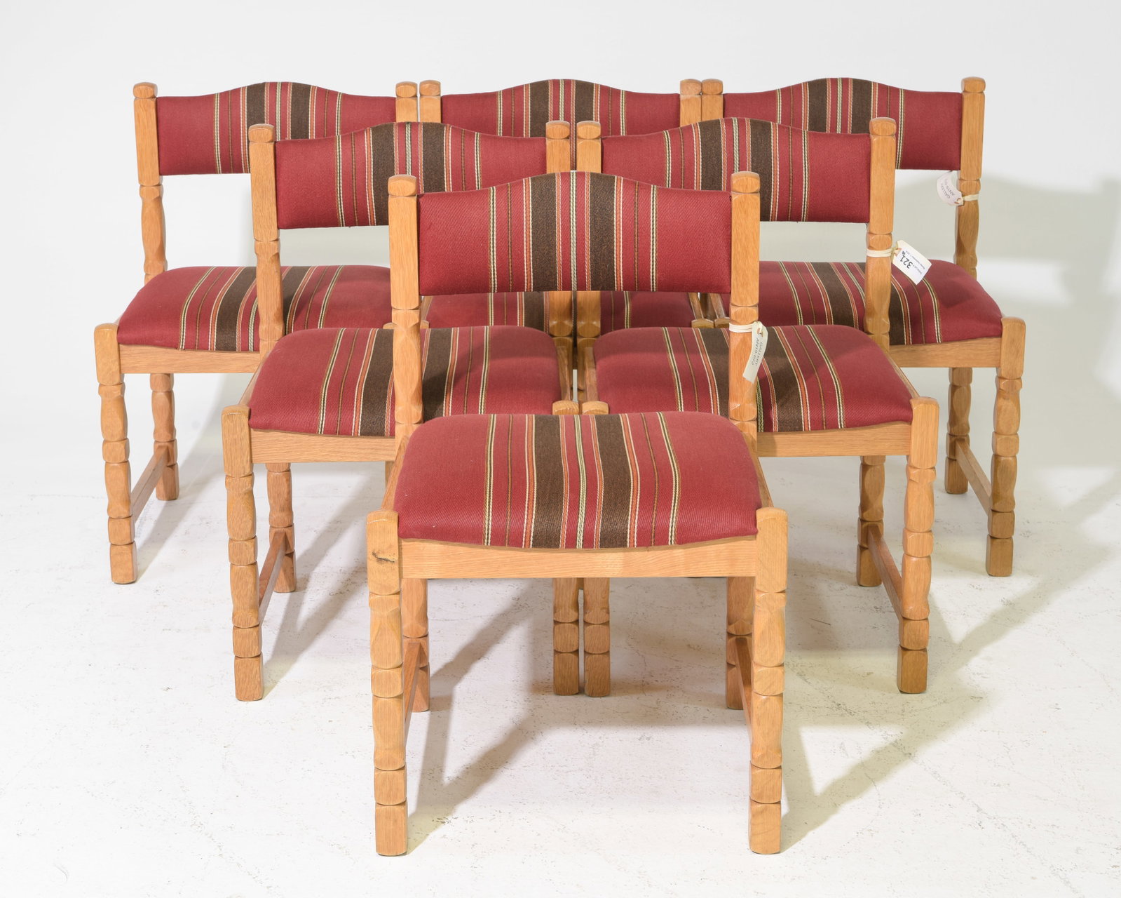 Danish Oak Set of 6 Red Upholstered Dining Chairs: Danish Oak Set of 6 Red Upholstered Dining Chairs - 30 in tall x 19.75 x 17 each with a seat height of 17 inches - Similar in style to / possibly by : S. Thrane & Son / Henning Kjaernulf / Guillerme