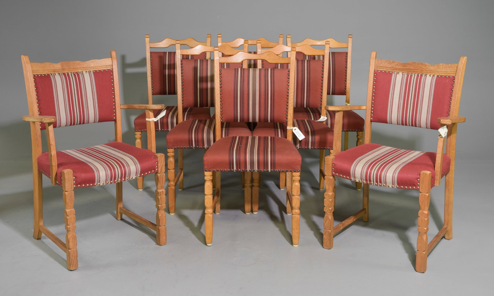 Danish Oak Set of 8 Red Upholstered Dining Chairs: Danish Oak Set of 8 Red Upholstered Dining Chairs consisting of 2 arm chairs & 6 side chairs - Arm chairs are 37 in tall x 24.25 x 19 each with a seat height of 18.25 inches, Side chairs are 37.25 in