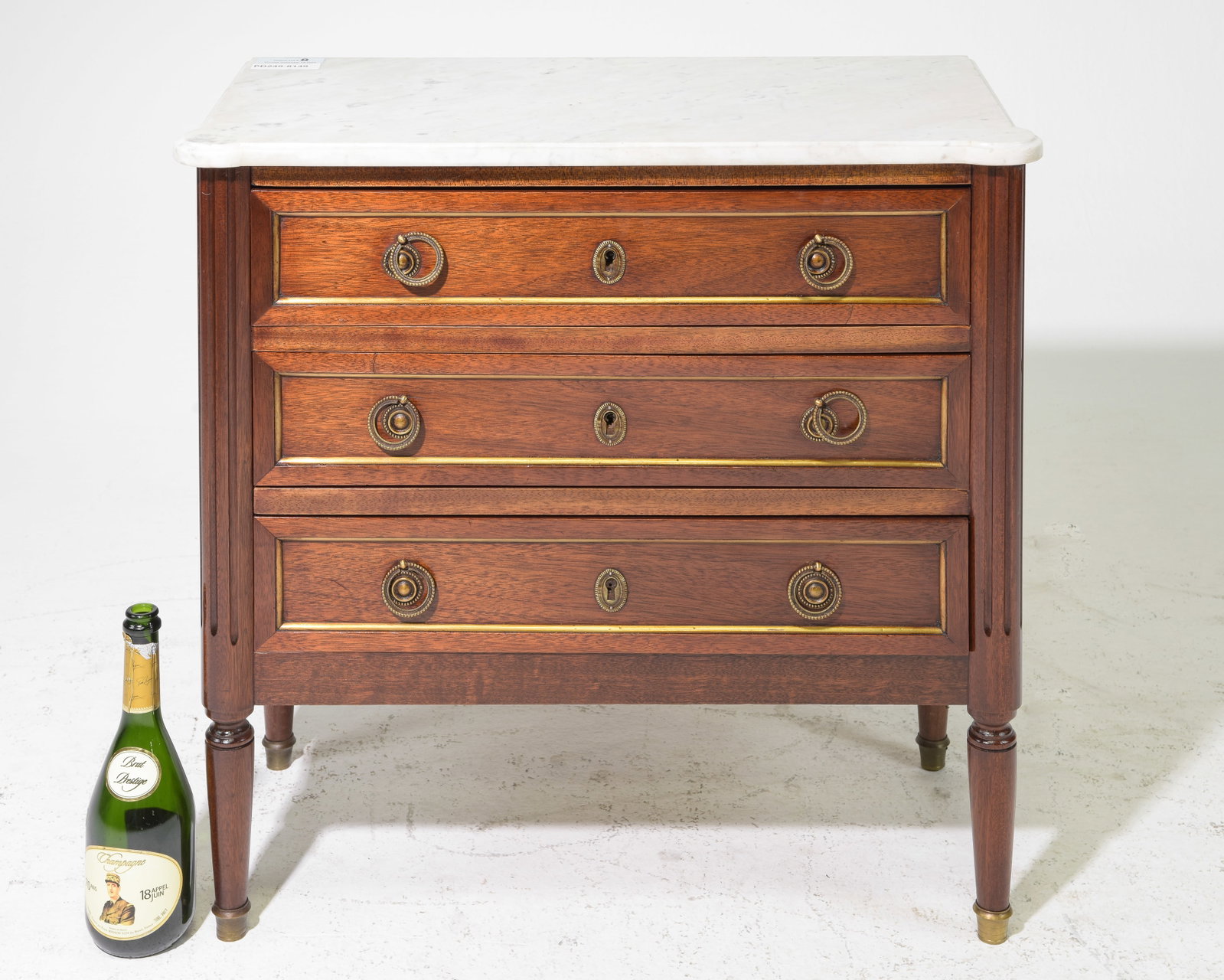 Louis XVI Style White Marble Top Chest #2: French Louis XVI Style White Marble Top Three Drawer Mahogany Chest - 29 in tall x 29.5 x 14.5