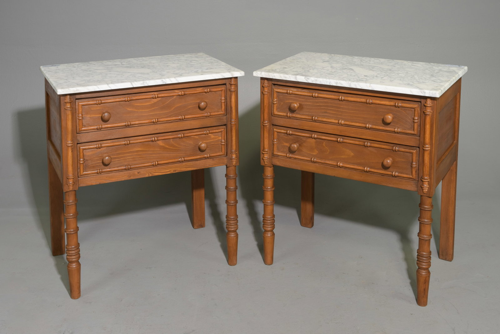 2 Faux Bamboo White Marble Top Chests: 2 Faux Bamboo White Marble Top Two Drawer Chests / Bedsides / Nightstands - 30 in tall x 27 x 18 each