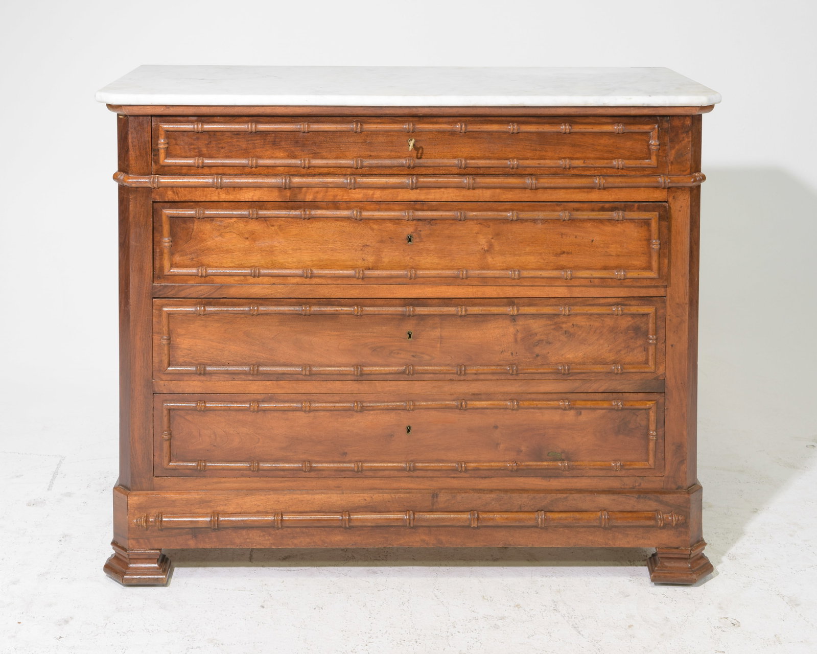 French Faux Bamboo White Marble Top Four Drawer Chest: Faux Bamboo White Marble Top Four Drawer Chest - 37.5 in tall x 47 x 20.5
