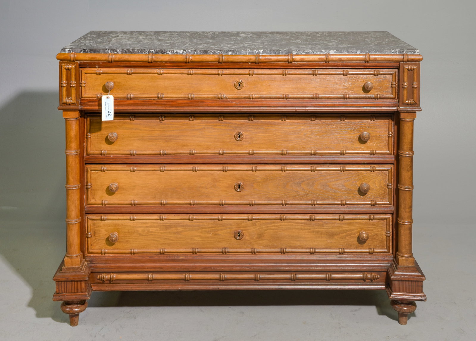 French Faux Bamboo Grey Marble Top Chest: Faux Bamboo Grey Marble Top Chest - 32.5 in tall x 47 x 21.25
