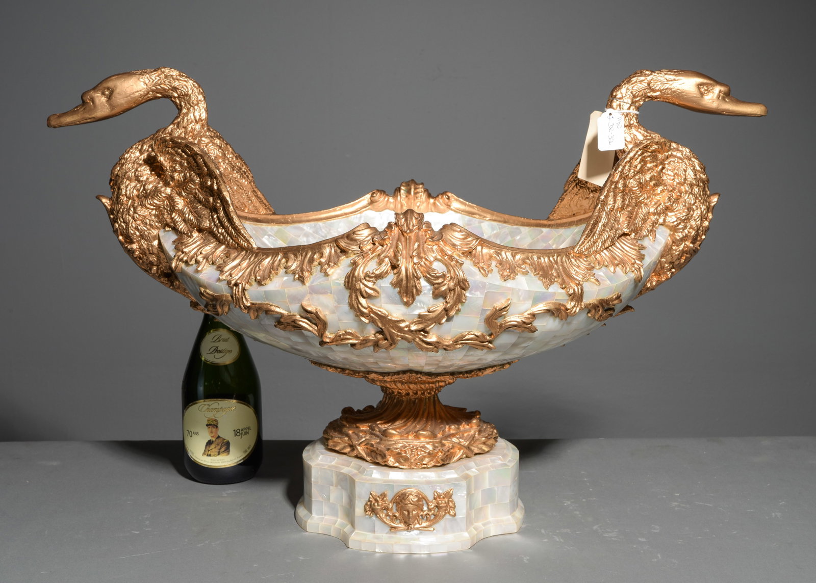 French Empire Style Mother of Pearl Swan Centerpiece: French Empire Style Large Mother of Pearl Double Swan Centerpiece - 19.5 in tall x 30 x 18