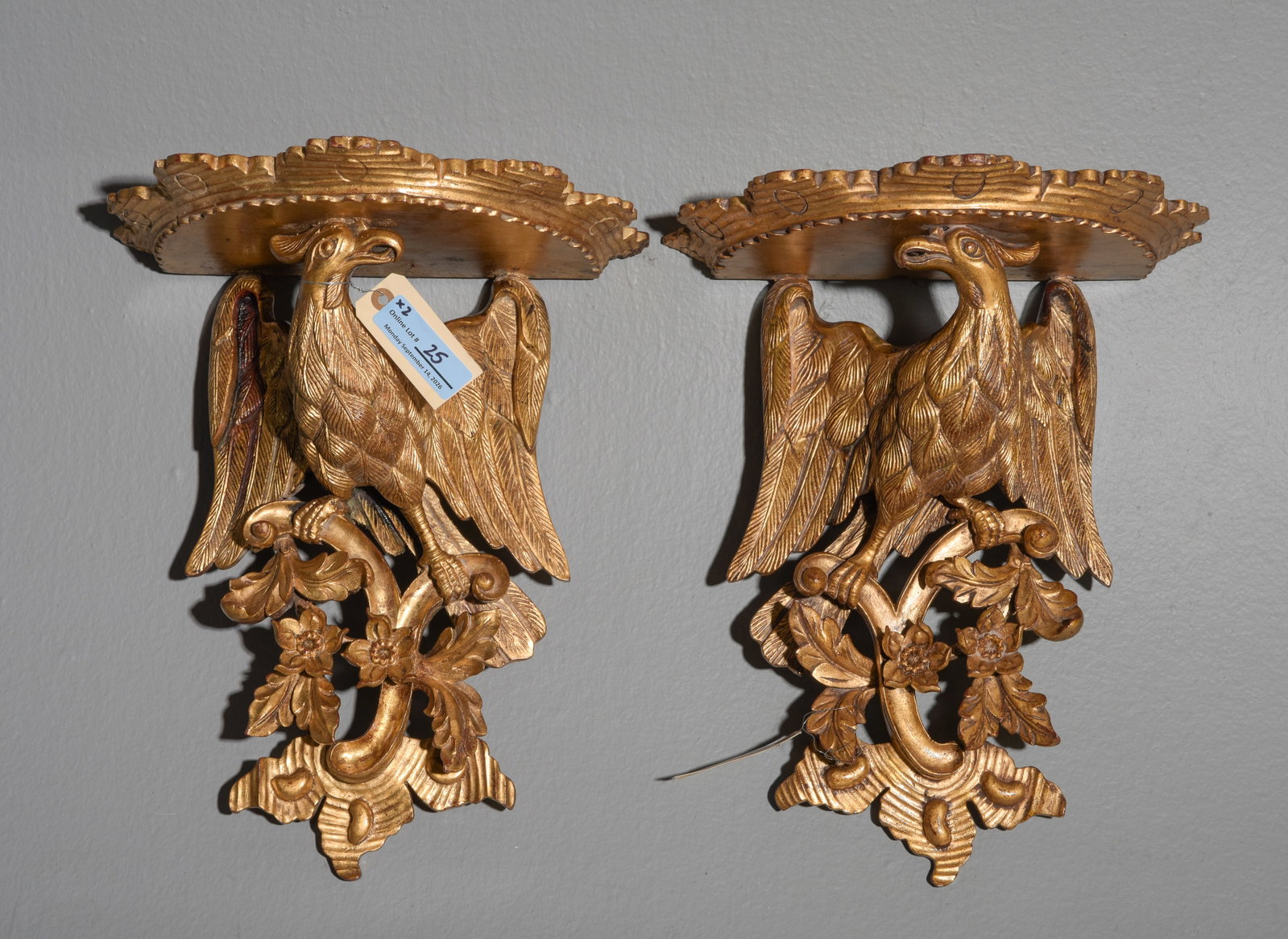 2 Imperial Eagle Gilded Wall Shelves: 2 Imperial Eagle Gilded Wall Shelves featuring flowing acanthus leaves and floral scrolls - 17 in tall x 13.5 x 7.5 each