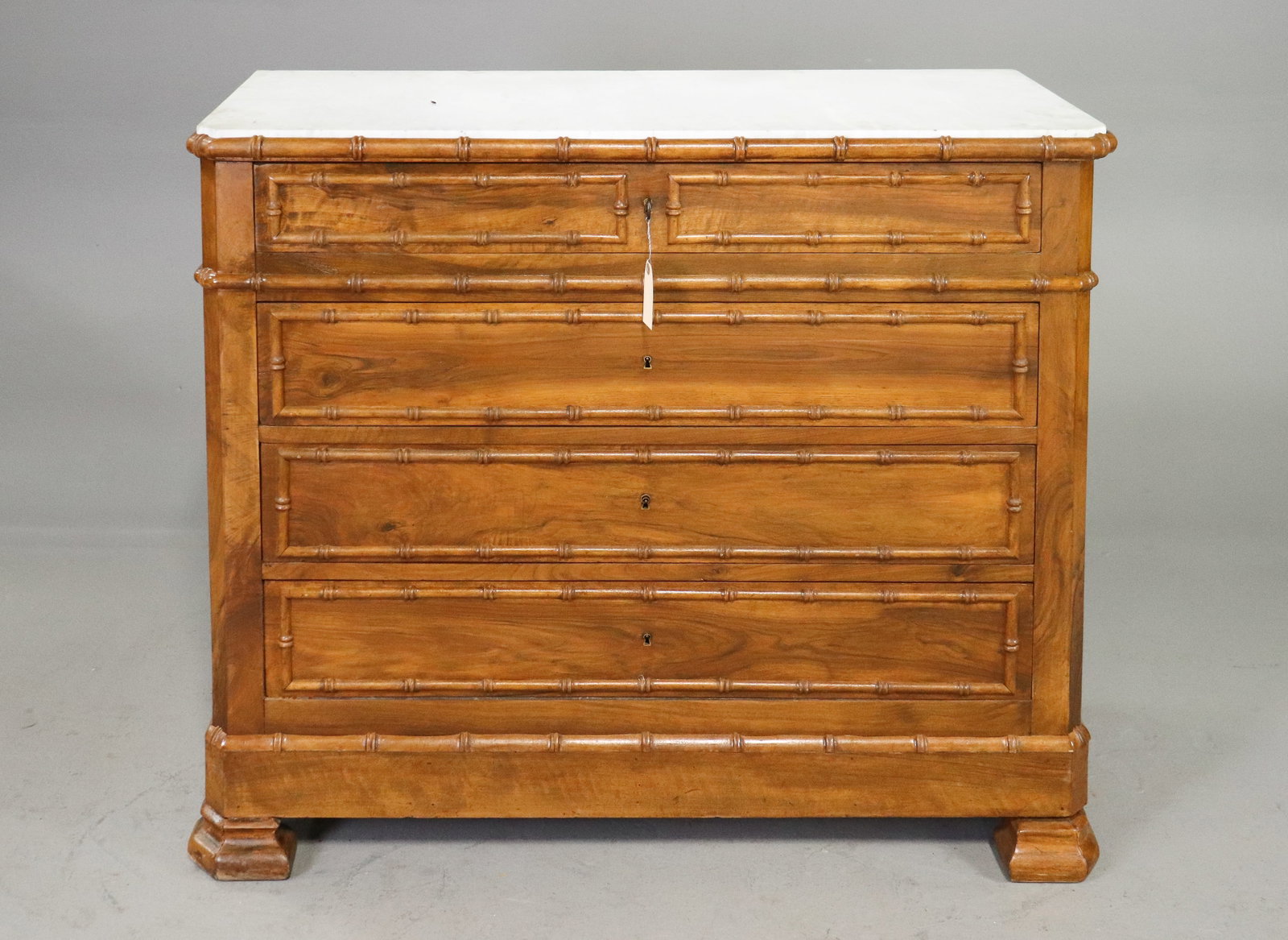 French Faux Bamboo White Marble Top Four Drawer Chest: Faux Bamboo White Marble Top Four Drawer Chest - 38 in tall x 46 x 20