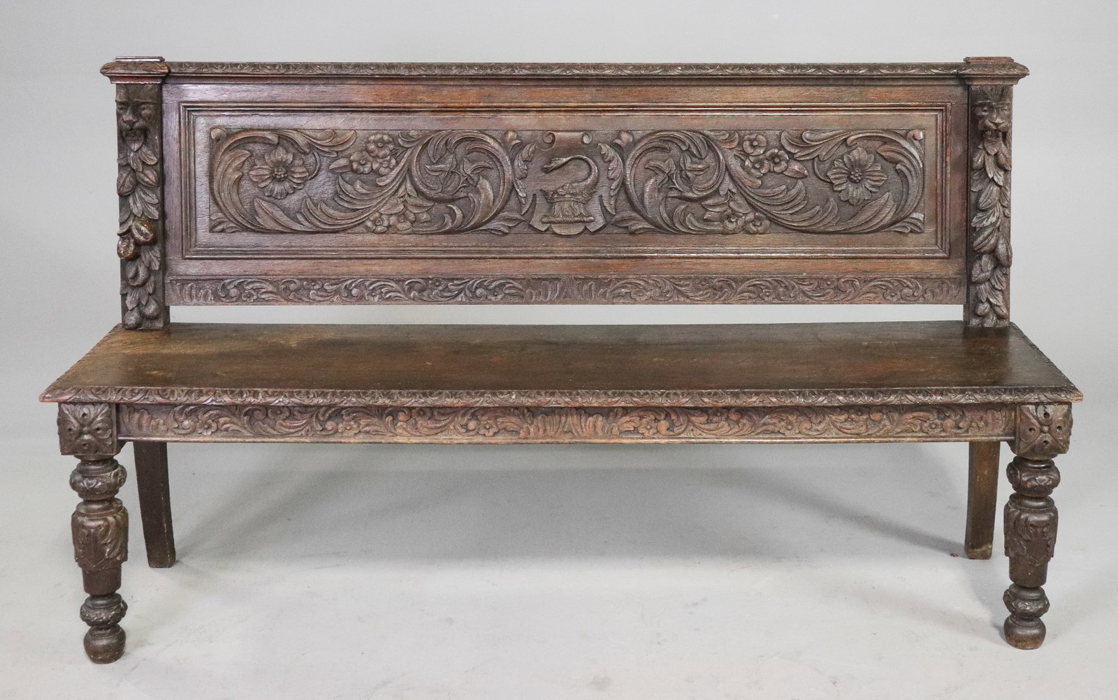 English Carved Oak Jacobean Revival Hall Bench (1 of 7)